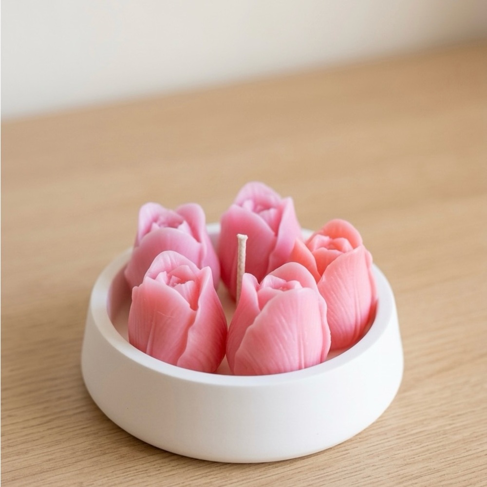 Pink Tulip Floral Scented Candle in White Dish